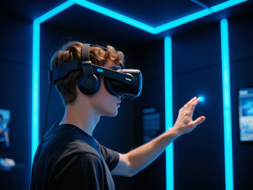 未来科技感的办公室场景,员工正在使用虚拟现实设备进行工作,蓝色背景,现代科技氛围